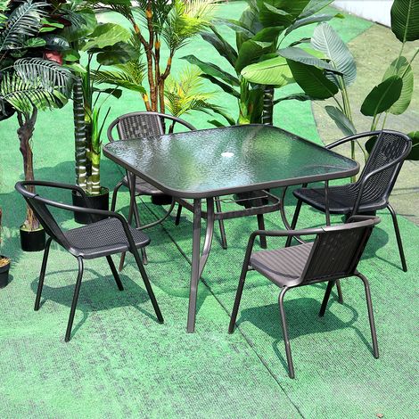 Garden Ripple Glass Square Table And Stackable Chair Set With Umbrella Hole, Black Table + 4 Chairs (1/4)