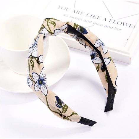 Accessoire de coiffure pour femme : serre-tête rond à pois et nœud croisé en tissu (beige) (1/2)