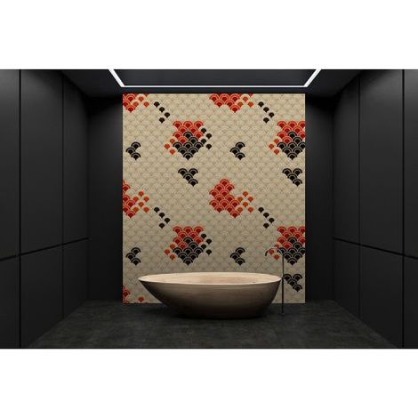 Papier peint panoramique japonais salle de bain Tapisserie panoramique beige, rouge & noir Papier peint panoramique motif écaille pour couloir (1/3)