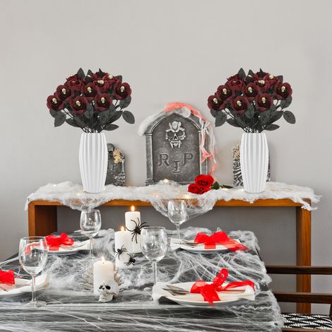 Rose artificielle réaliste, décorative et flexible, avec tête de mort, noire, idéale pour Halloween. (1/5)