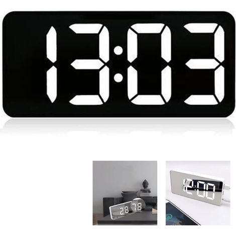 Réveil Numérique - Affichage LED Grand Format - Température et Heure - Miroir Intégré - Double Alarme - Réglage Luminosité 4 Niveaux - 13 Sons d'Alarme - Port USB - Pour Chambre ou Table de Chevet - 1 (1/5)