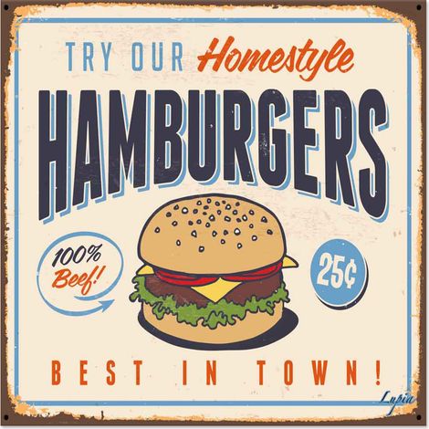 Lupia - Quadro moderno Canvas World HAMBURGERS 30x30 cm, Stampa su Tela, Telaio in Fibra di Legno, Stampa Stile Vintage, Decorazione Cucina Sala da Pranzo bar hotel ristorante pizzeria, Retrò (1/4)