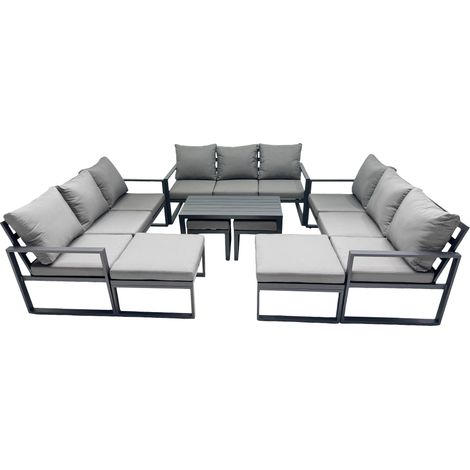Fimous Outdoor Garden Furniture Set Aluminium Lounge 3 Seat Sofa Oblong Coffee Table Sets with 4 Stools Dark Grey (1/5)