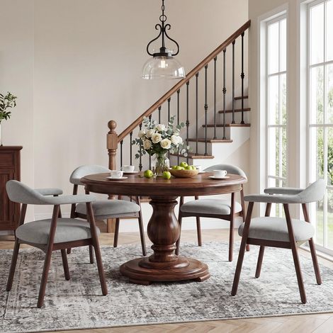 Lot de 4 chaises de Salle à Manger avec accoudoirs, Chaise rembourrée en Tissu Dossier incurvé et Pieds en Bois, Style Moderne des années 50 pour Cuisine et Salle à Manger, Gris Clair (1/5)