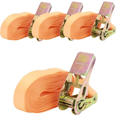 4x Spanngurt mit Ratsche 1-tlg 4m 800kg 25mm TÜV/GS orange wetterfest und robust (1/2)