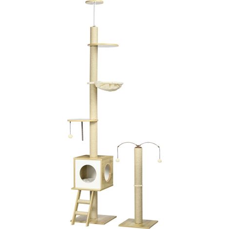 ALBERO PER GATTI IN TRUCIOLATO AD ALTEZZA REGOLABILE CON TIRAGRAFFI, CASETTA, AMACA E PALLINA, 40X40X225-285 CM (1/5)