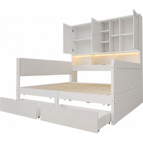 Cama infantil 140 x 200 cm en MDF blanco con almacenaje, LED, USB y cabecero PU - MODENUIT (1/5)
