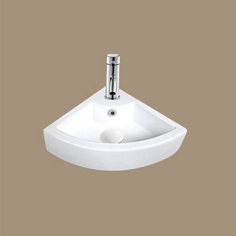 Rue Du Bain – Lave main d'angle 32x46 cm – Céramique blanche brillante – Plage de robinetterie percée – Avec trop plein – Pour espaces réduits (1/2)