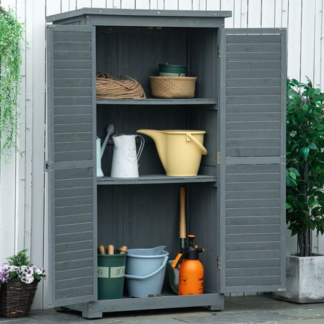 Armoire de jardin en bois rangement outils et équipement grise toit monopente sol et porte étanche pour terrasse et jardin 87x46,5x160 cm