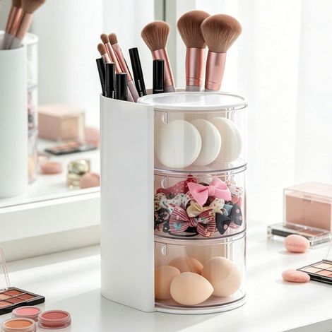 Organizador de maquillaje de plástico blanco de 360° - Organizador de maquillaje giratorio de 3 niveles para maquillaje, brochas, joyas y accesorios para el cabello. (1/5)