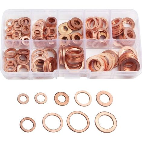 Aougo – Lot de 200 rondelles de joint en cuivre – 9 tailles M5 à M14 – Conductivité électrique et thermique – Boîtier compact pour rangement - M5-M14 (1/4)