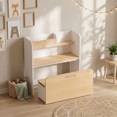 Bureau et Chaise pour Enfant 5 en 1 avec Bibliothèque et Banc Coffre à Roulettes, pour 3 à 8 Ans, Blanc (1/5)