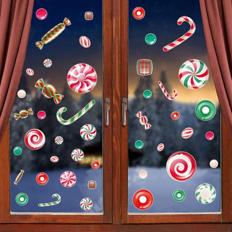 Décorations de Noël pour fenêtres : bonbons à la menthe poivrée, autocollants statiques grand format, décorations festives pour vitres, décoration intérieure pour Noël et les fêtes. (1/5)