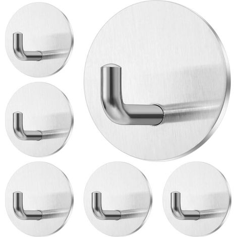 Lot de 6 crochets adhésifs pour salle de bain, en acier inoxydable SUS304, pour cuisine, salon et bureau, ronds argentés (1/5)