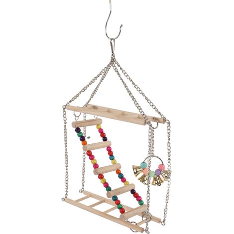 Balançoire en bois multicolore avec perles, accessoire pour cage à oiseaux. (1/5)