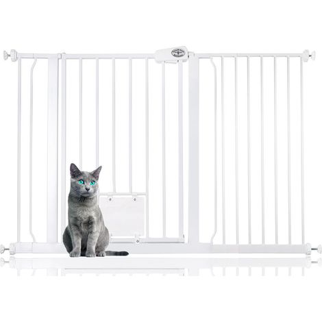 Bettacare Pet Gate with Lockable Cat Flap, 126.7cm - 134.3cm, White, 75cm in Height, Dog Safety Barrier with Cat Flap