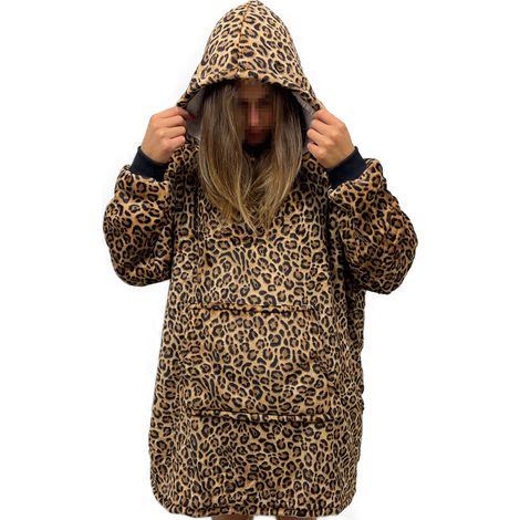 Felpa Plaid Coperta Retro Agnellato Con Tasca Sherpa Inverno Caldo Leopardato (1/4)