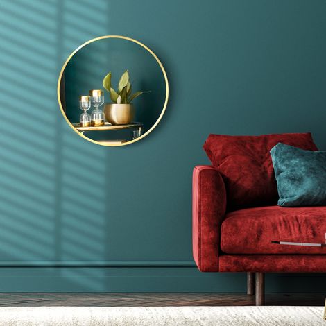 Miroir mural rond pour salle de bain, chambre ou couloir. Cadre en métal. Couleur : doré. Ø 50 cm
