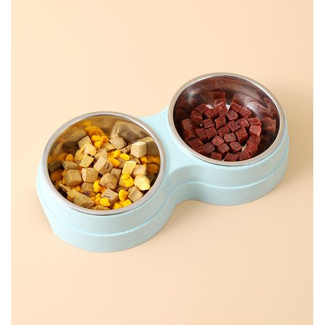Gamelle pour chien mignonne fournitures pour animaux de compagnie bol d'alimentation rond antidérapant en acier inoxydable pas facile à renverser deux bols (Couleur : bleu) (1/4)