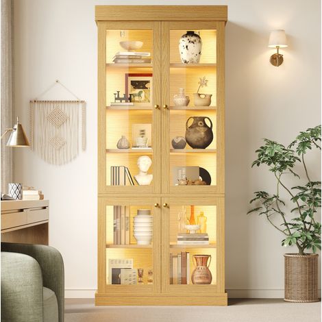 Credenza alta 80x40x180 cm, con illuminazione LED multicolore, ripiani regolabili, MDF e vetro, effetto legno naturale (1/5)