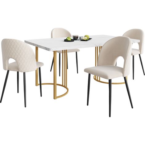 Ensemble de salle à manger, set avec table 140×80 cm et 4 chaises, ensemble de table de cuisine moderne, chaises de salle à manger en velours à motif diamant, pieds de chaise réglables, velours beige, (1/5)