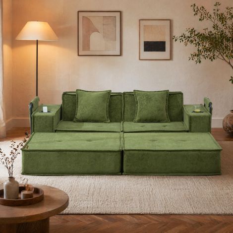 Sofá cama modular de 2 plazas en chenilla verde con 2 cojines, bolsillos laterales y portavasos (1/5)