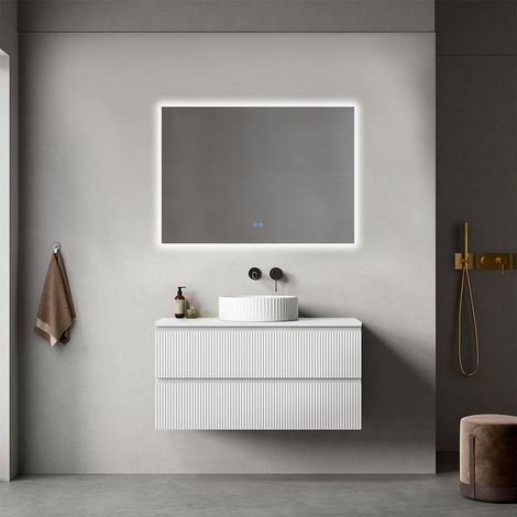 Mobile bagno sospeso cannettato 100 cm Bianco Opaco per Lavabo d'appoggio Specchio Quadro Retroilluminato - Fiji Paint Top Canneté (1/4)