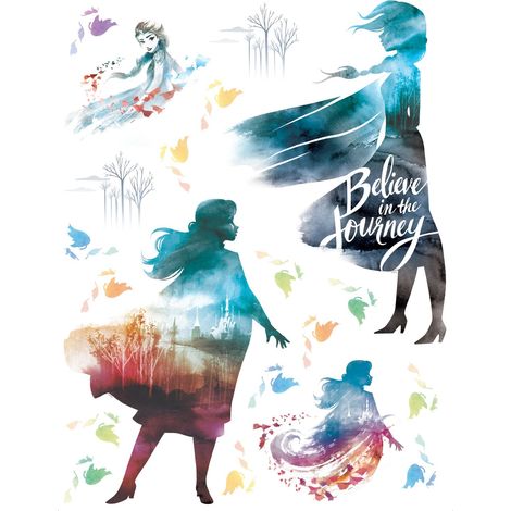 sticker mural La Reine des neiges Anna & Elsa bleu, orange et violet  - Disney