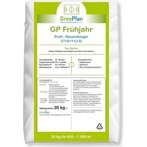 GreenPlan GP Printemps 25 kg Engrais pour gazon Engrais de démarrage Engrais professionnel Engrais de printemps