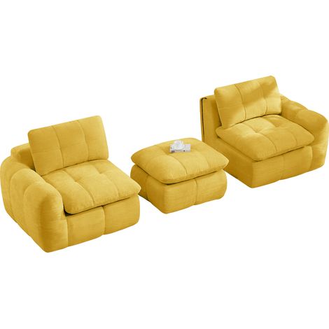 Divano Modulare Angolare 2 Posti in Chenille, senza Struttura, con Pouf, Giallo 194 × 160 × 68 cm (1/5)