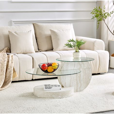 Mesa de centro de dos niveles con cristal de seguridad, estructura de MDF, gris claro OKMYHOME (1/5)