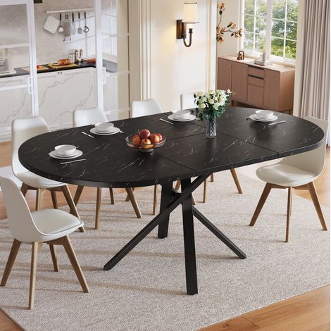 Table ronde extensible 100×100×75.5 cm, idéal cuisine/salle à manger, plateau effet marbre MDF, piétement métal X noir (1/5)