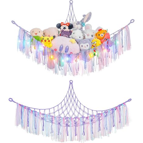 Tapis suspendu pour peluches JeiibrZui - 140 cm - Avec éclairage LED et pompons - Filet Makrame en coton pour peluches - Solution bohème pour chambre d'enfant - Kit de suspension inclus (1/5)