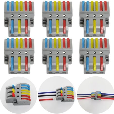 Terminales de conexión, 6 conectores eléctricos con palanca de accionamiento, terminal de conexión eléctrica automático compacto, 3 entradas y 6 salidas, con tornillos de montaje.
