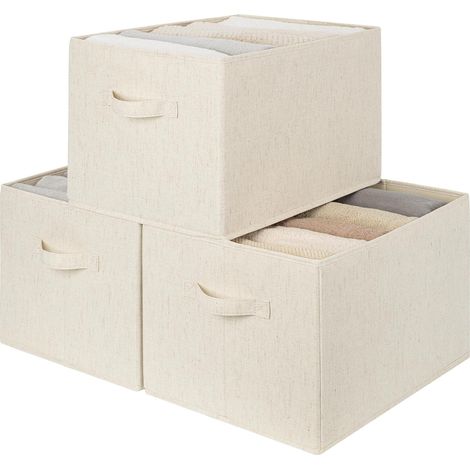 Boîtes de rangement pour dressing, grandes paniers de pour organiser les vêtements, paniers pliables pour étagères, bacs en tissu avec poignées pour chambre, beige (coton-lin), lot de 3 (1/5)