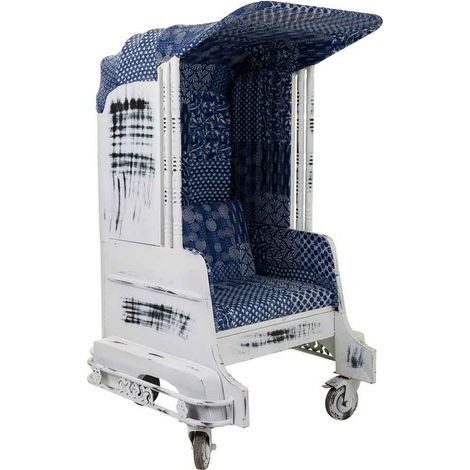 Sillón tuk tuk de metal blanco y tapizado azul 90x90x160