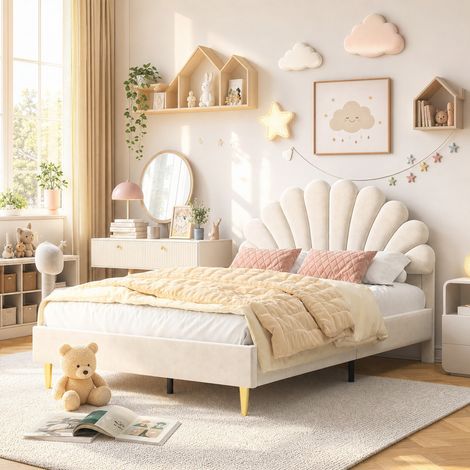 Lit double 140x200 cm velours beige, tête de lit fleurie rembourrée, cadre métal, sommier à lattes, style scandinave, pour chambre adulte