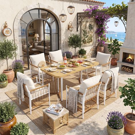 Creahappy Salon de Jardin 6 Places Table 159x77 cm et 6 Fauteuils - Repas Extérieur Terrasse - Métal et Résine Tressée - Beige et Bois (1/5)