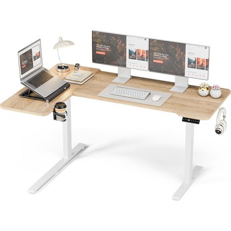 Bureau Assis Debout, 150 x 100 CM, Bureau Réglable en Hauteur, Bureau Électrique, avec Porte-gobelet et Crochet, 72-118 cm Réglable Librement, pour Chambre, Télétravail, Marron Clair (1/5)