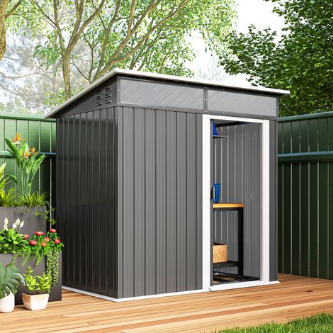 Caseta de Jardín Metálica con Puerta Corredera Ventanas y Ventilación para Almacenaje Exterior 195x122x159/182 cm Gris (1/5)