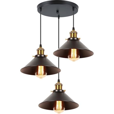 Rétro 3 Lumières Suspension Luminaire, Vintage Lustre Industriel Métal E27 Plafonnier Abat-jour de Design Edison Lampe Suspension Câble Réglable, Ø22CM, Noir (1/5)