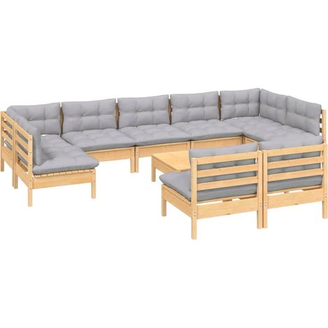 Set di mobili da giardino mobili da esterno 10 pezzi con cuscini grigio legno di pino massiccio 020015031