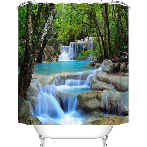 Ride De Douche En Polyester 3D - Imprimé Forêt Avec Chute D Eau - Hydrofuge Et Anti-Moisissure - Lavable En Machine - 180 X 180 Cm - 1 Unité (1/5)