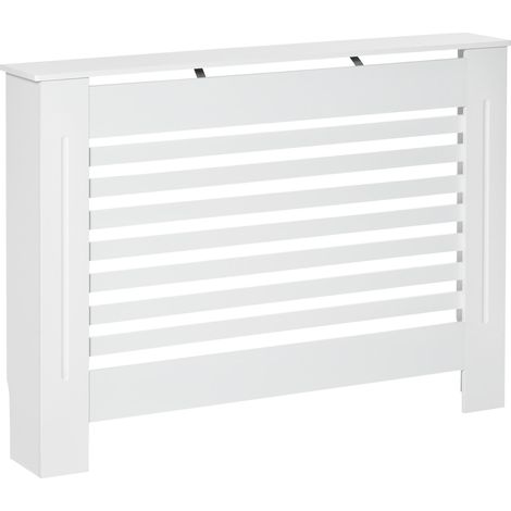 Cache-radiateur en bois blanc pour radiateurs et chauffages, cache-radiateur moderne avec système anti-basculement, lattes et surface de support, 112 x 19 x 81 cm (1/2)