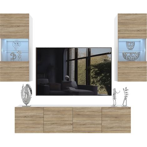 BELINI Meuble TV Mural Milano 7 200 cm - Suspendu avec Systeme Verin a Gaz - Chêne Sonoma Mat (1/4)