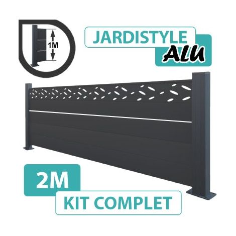 Kit Clôture Aluminium Gris Anthracite 2M - Design avec liseré - Sur Platines - 1 mètre
