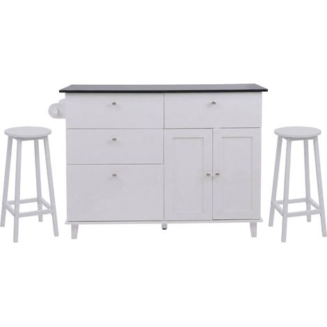 [NON UTILIZZATO] Isola cucina HHG-692 con 2 sgabelli, credenza con cassetti e scomparti MDF 90x131x47 cm, bianco, legno chiaro