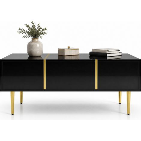 Mesa de centro moderna negra brillante con 2 cajones (1/5)