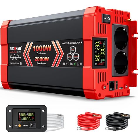 1000W Convertisseur 12V 220V Pur Sinus Transformateur,Onduleur avec 2 Prises CA, 3.1A Port USB, Télécommande, écran LCD, pour Les Systèmes Solaires, Voiture, Camping,Voyage (1/5)