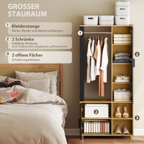 Armoire miroir avec penderie, compartiments de rangement et étagères ouvertes en bois naturel et noir